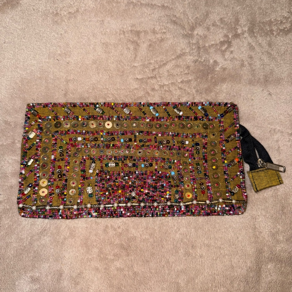 Embellished Olive Beaded Zip Clutch